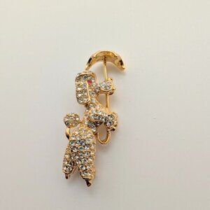 Vintage Gold Tone Rhinestone Poodle with Umbrella Brooch.